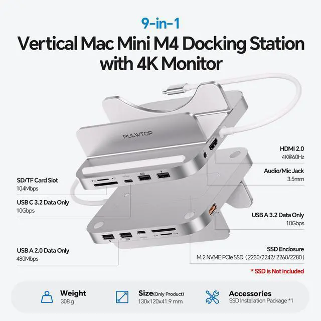 Alt view image 2 of 7 - PULWTOP Mac mini M4 Dock with 4TB M.2 SSD Enclosure & HDMI 4K, 9 in 1 Aluminum Vertical USB-C Hub for Mac mini M4 Pro Hub Stand, USB-A/C 10Gbps, 2xUSB-A 2.0, 3.5mm Audio, SD/TF (SSD NOT Included)