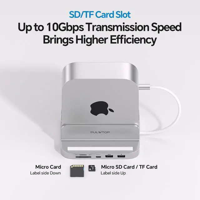 Alt view image 6 of 7 - PULWTOP Mac mini M4 Dock with 4TB M.2 SSD Enclosure & HDMI 4K, 9 in 1 Aluminum Vertical USB-C Hub for Mac mini M4 Pro Hub Stand, USB-A/C 10Gbps, 2xUSB-A 2.0, 3.5mm Audio, SD/TF (SSD NOT Included)