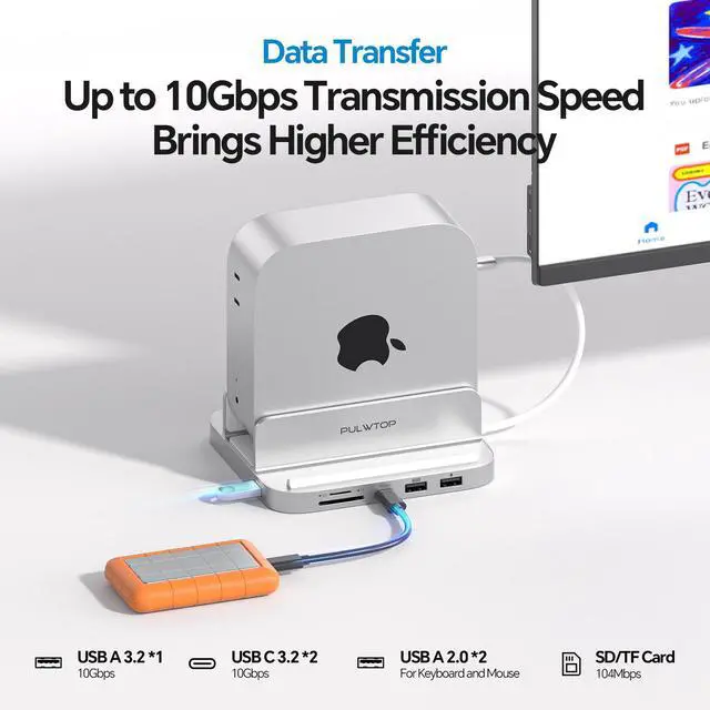 Alt view image 5 of 7 - PULWTOP Mac mini M4 Dock with 4TB M.2 SSD Enclosure & HDMI 4K, 9 in 1 Aluminum Vertical USB-C Hub for Mac mini M4 Pro Hub Stand, USB-A/C 10Gbps, 2xUSB-A 2.0, 3.5mm Audio, SD/TF (SSD NOT Included)