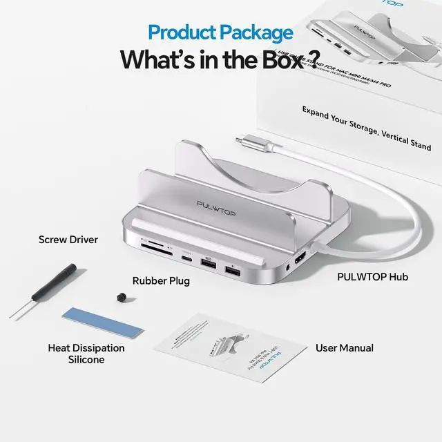 Alt view image 7 of 7 - PULWTOP Mac mini M4 Dock with 4TB M.2 SSD Enclosure & HDMI 4K, 9 in 1 Aluminum Vertical USB-C Hub for Mac mini M4 Pro Hub Stand, USB-A/C 10Gbps, 2xUSB-A 2.0, 3.5mm Audio, SD/TF (SSD NOT Included)