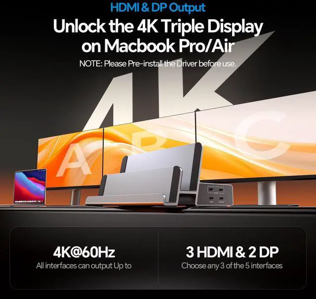 Alt view image 5 of 7 - PULWTOP Triple Display Docking Station with Dual Stand, 19-in-1 Laptop Docking Station 3 Monitor with 100W PD, 3 HDMI + 2 DP 4K, 2 USB-C, 2 USB-A Data/Charging, 2 USB-C PD, Ethernet (Driver Required)