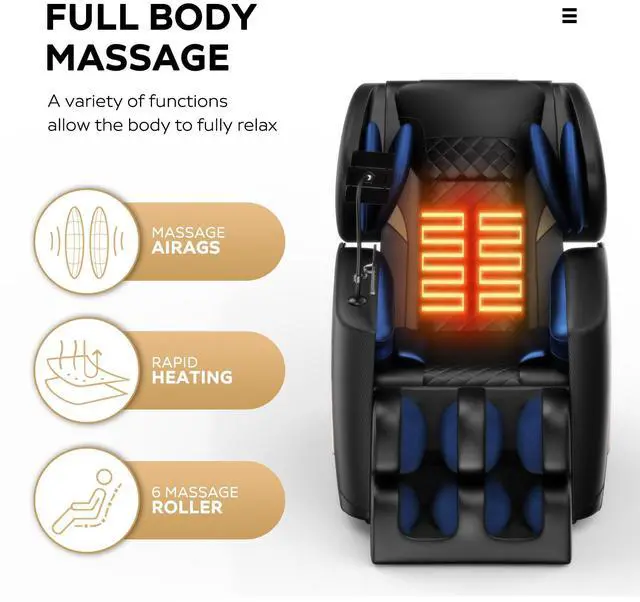 Alt view image 3 of 7 - Massage Chair Full Body, Zero Gravity Massage Chair Recliner with Airbags,UL Listed, Foot Massage, Waist and Legs Heater, Bluetooth, Blue Atmosphere Lights, Bottom with Roller,(Black)