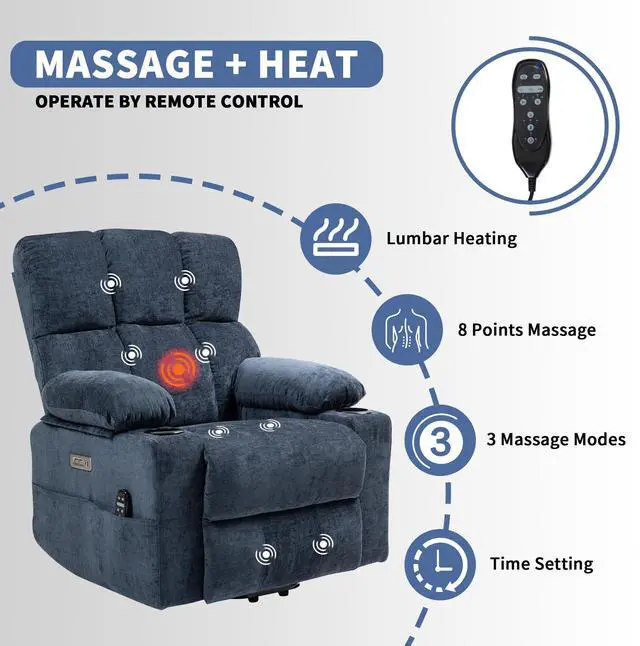 Alt view image 2 of 7 - Arboyn Large Power Lift Recliner Chair Sofa with Massage and Heat for Elderly People, Timer Function, Infinite Position, Cup Holders, Side Pockets, Dual USB Ports(Blue)