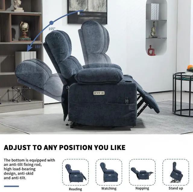 Alt view image 3 of 7 - Arboyn Large Power Lift Recliner Chair Sofa with Massage and Heat for Elderly People, Timer Function, Infinite Position, Cup Holders, Side Pockets, Dual USB Ports(Blue)