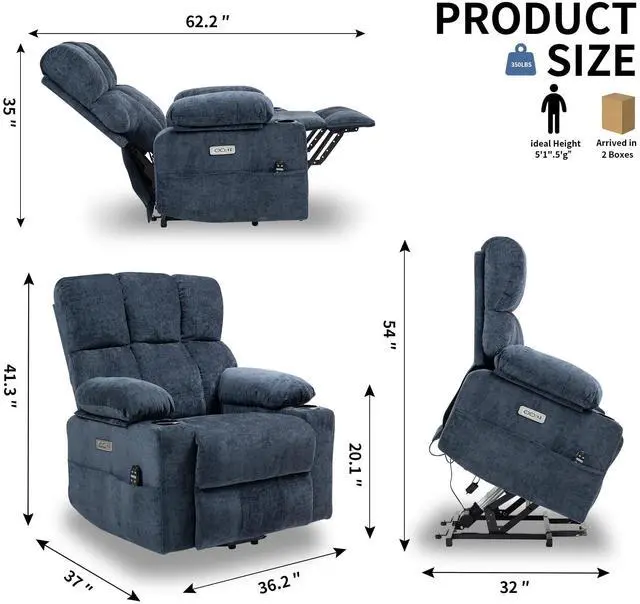 Alt view image 4 of 7 - Arboyn Large Power Lift Recliner Chair Sofa with Massage and Heat for Elderly People, Timer Function, Infinite Position, Cup Holders, Side Pockets, Dual USB Ports(Blue)