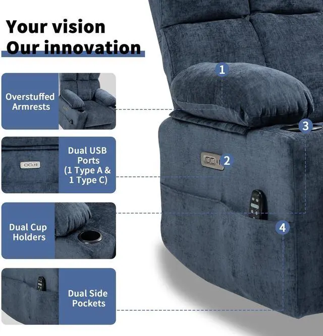 Alt view image 5 of 7 - Arboyn Large Power Lift Recliner Chair Sofa with Massage and Heat for Elderly People, Timer Function, Infinite Position, Cup Holders, Side Pockets, Dual USB Ports(Blue)