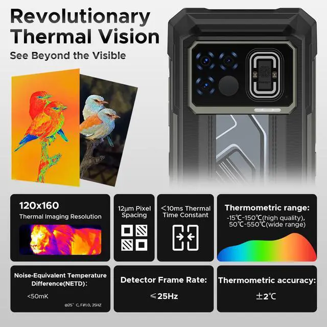 Alt view image 4 of 7 - DOOGEE Fire 6 Max(2025) 5G Rugged Smartphone with Thermal Image Camera,20800mAh/33W Fast,6.72" FHD+ 120Hz IPS Screen,120LM Flashlight Rugged Phone,256GB/TF 2TB,50MP,Android 14,IP68 Waterproof Phone