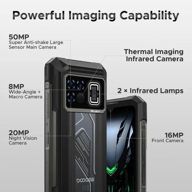 Alt view image 7 of 7 - DOOGEE Fire 6 Max(2025) 5G Rugged Smartphone with Thermal Image Camera,20800mAh/33W Fast,6.72" FHD+ 120Hz IPS Screen,120LM Flashlight Rugged Phone,256GB/TF 2TB,50MP,Android 14,IP68 Waterproof Phone