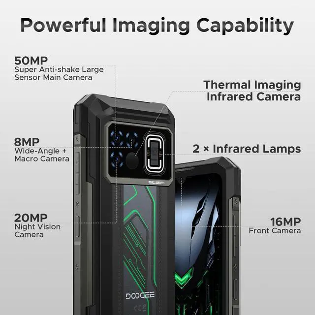 Alt view image 7 of 7 - DOOGEE Fire 6 Max(2025) 5G Rugged Smartphone with Thermal Image Camera,20800mAh/33W Fast,6.72" FHD+ 120Hz IPS Screen,120LM Flashlight Rugged Phone,256GB/TF 2TB,50MP,Android 14,IP68 Waterproof Phone