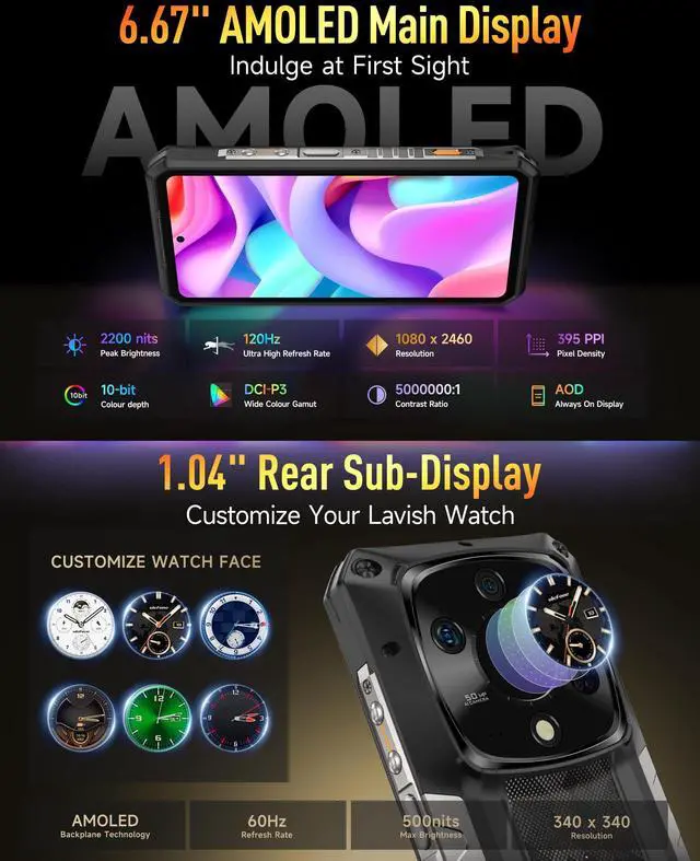 Alt view image 4 of 7 - Ulefone Armor 28 Pro 5G AI Rugged Phone, 32GB+512GB/2TB Expansion, MTK Dimensity 7300, 6.67" AMLOD Dual Screen, 64MP+50MP+50MP Real Camera, 10600mAh/120W, 50W Wireless Charging, WiFi 6E, Widevine L1