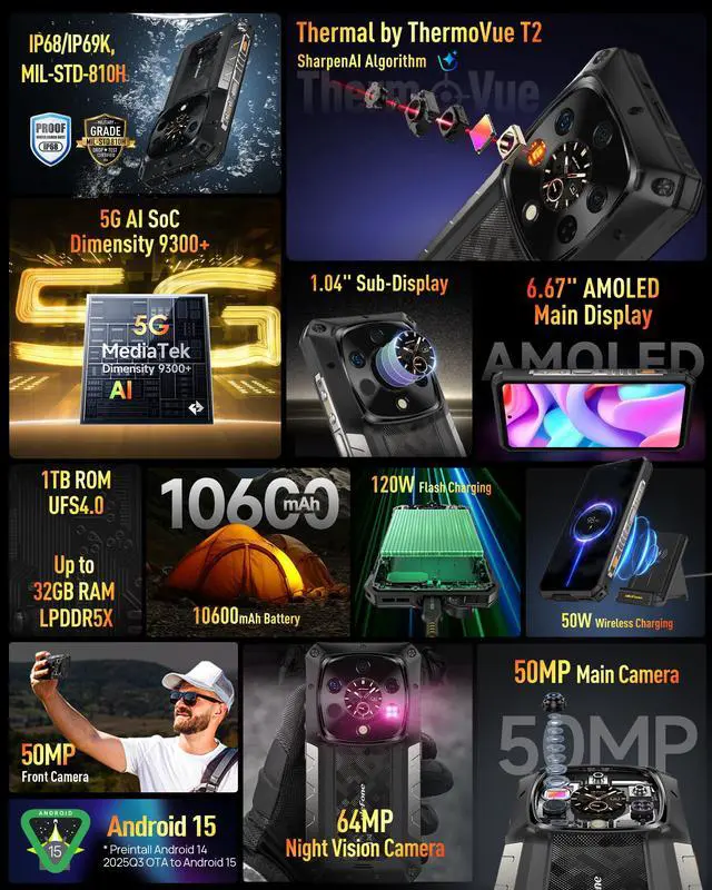 Alt view image 2 of 7 - Ulefone Armor 28 Ultra Thermal, 5G AI Rugged Phone, 32GB+1TB/2TB Expansion, MTK Dimensity 9300+, 6.67" AMLOD Dual Screen, 64MP+50MP+50MP, 10600mAh/120W, IP68/IP69K, 8K Video+case