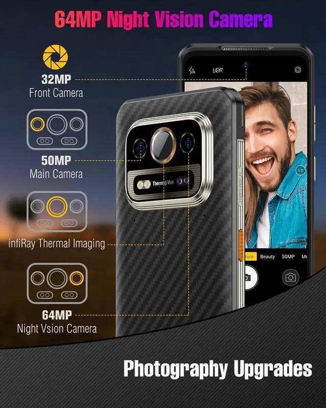 Alt view image 6 of 7 - Ulefone Armor 25T Pro & Case 5G Rugged Phone, Thermal Imaging 64MP+50MP Camera, 12GB+256GB MTK Dimensity 6300, 6500mAh(33W), 30W Wireless Charging, 6.78" FHD+ 120Hz Corning Gorilla Screen, Android 14