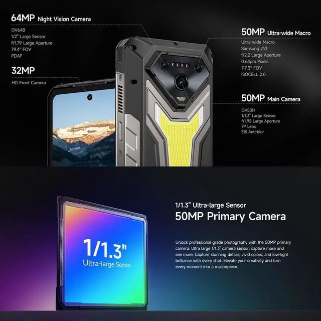 Alt view image 4 of 7 - Ulefone Armor 34 PRO 5G AI Rugged Smartphone with Projector.25500mAh(66W),32GB+512GB Andriod 15 Phone,6.95 FHD+ IP68 Waterproof,64MP+50MP+50MP Camera,1100 LMS LED Light,Widevine L1,NFC,IR Blaster