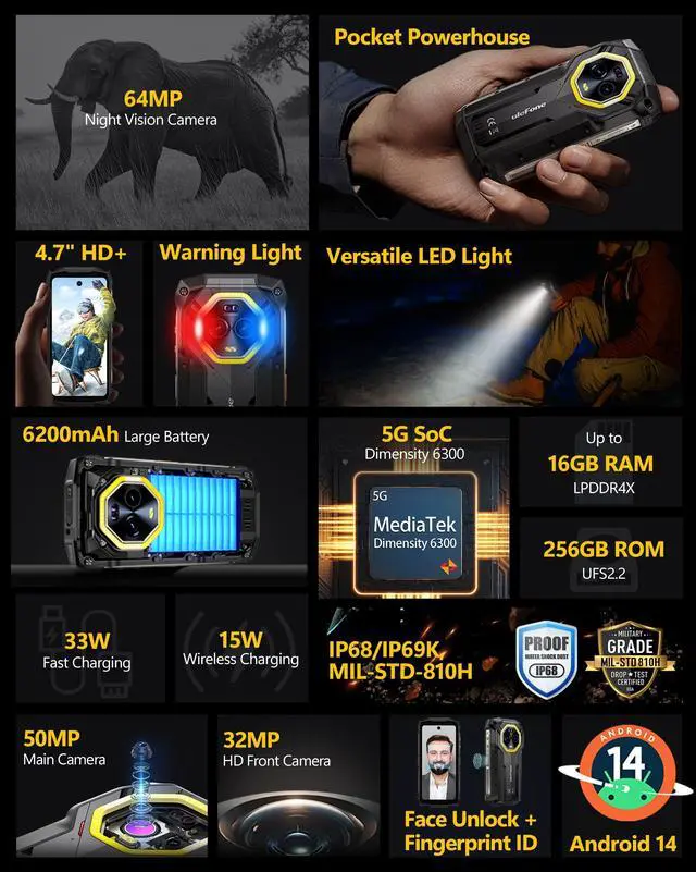 Alt view image 2 of 7 - Ulefone Armor Mini 20 Pro 5G Rugged Phone, 16GB+256GB MTK Dimensity 6300, 64MP+50MP Main Camera, 6200mAh(33W), 4.7" HD+ Corning Gorilla Screen,Waterproof, Versatile LED Light, Android 14 + case