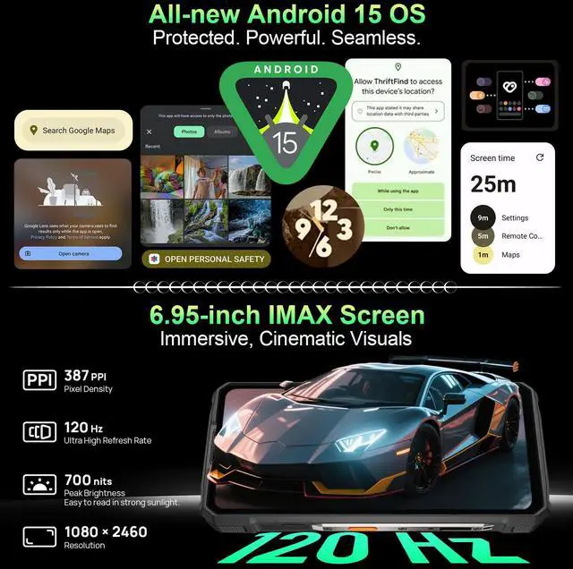 Alt view image 3 of 7 - Ulefone Armor 33 25500mAh Battery (66W) Rugged Phone, Android 15 24GB+512GB, 6.95" FHD 120Hz Screen, 64MP Night Vision+50MP+50MP+32MP, Versatile LED Light Infinite Halo 118dB Speaker IP68/IP69K 4G