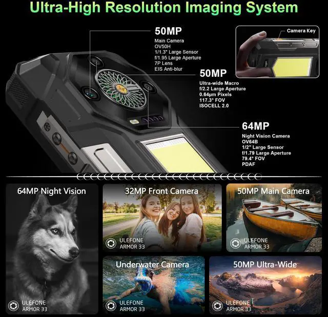 Alt view image 5 of 7 - Ulefone Armor 33 25500mAh Battery (66W) Rugged Phone, Android 15 24GB+512GB, 6.95" FHD 120Hz Screen, 64MP Night Vision+50MP+50MP+32MP, Versatile LED Light Infinite Halo 118dB Speaker IP68/IP69K 4G