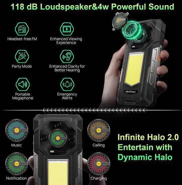 Alt view image 6 of 7 - Ulefone Armor 33 25500mAh Battery (66W) Rugged Phone, Android 15 24GB+512GB, 6.95" FHD 120Hz Screen, 64MP Night Vision+50MP+50MP+32MP, Versatile LED Light Infinite Halo 118dB Speaker IP68/IP69K 4G