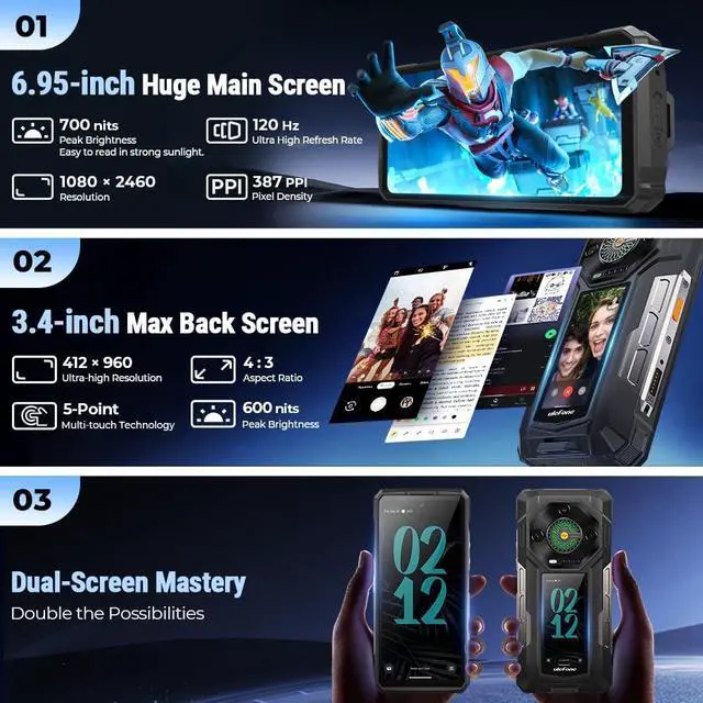 Alt view image 2 of 7 - Ulefone Armor 33 Pro Rugged Phone 5G Dual Screen, 25500 mAh Battery 32GB + 512GB/2TB, 6.95" FHD+ 120Hz & 3.4" Secondary Display, 50MP + 64MP Night Vision + 32MP, Android 14, WiFi 6E