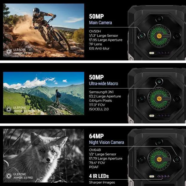 Alt view image 4 of 7 - Ulefone Armor 33 Pro Rugged Phone 5G Dual Screen, 25500 mAh Battery 32GB + 512GB/2TB, 6.95" FHD+ 120Hz & 3.4" Secondary Display, 50MP + 64MP Night Vision + 32MP, Android 14, WiFi 6E