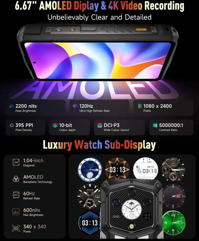 Alt view image 7 of 7 - Ulefone Armor 29 Pro 5G AI Rugged Smartphone with 1.04" Sub-Screen, 21200mAh/120W, MTK Dimensity 7400, 32+512GB/2TB, 6.67 AMOLED, 50+64+50+50MP Cam., Android 15, Camping Light/WiFi 6E/uSmart