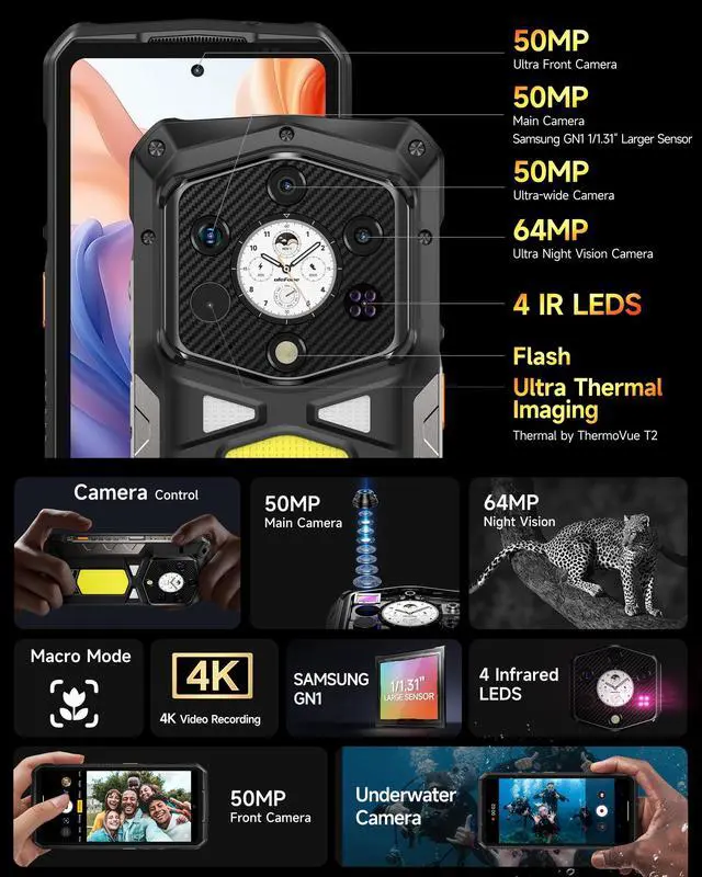 Alt view image 5 of 7 - Ulefone Armor 29 Pro Thermal, 5G AI Rugged Phone, 32GB+512GB/2TB, MTK Dimensity 7400, 6.67" AMLOD Dual Screen, 64MP+50MP+50MP Real Camera, 21200mAh/120W, 1000LM LED Light, Widevine L1, Android 15