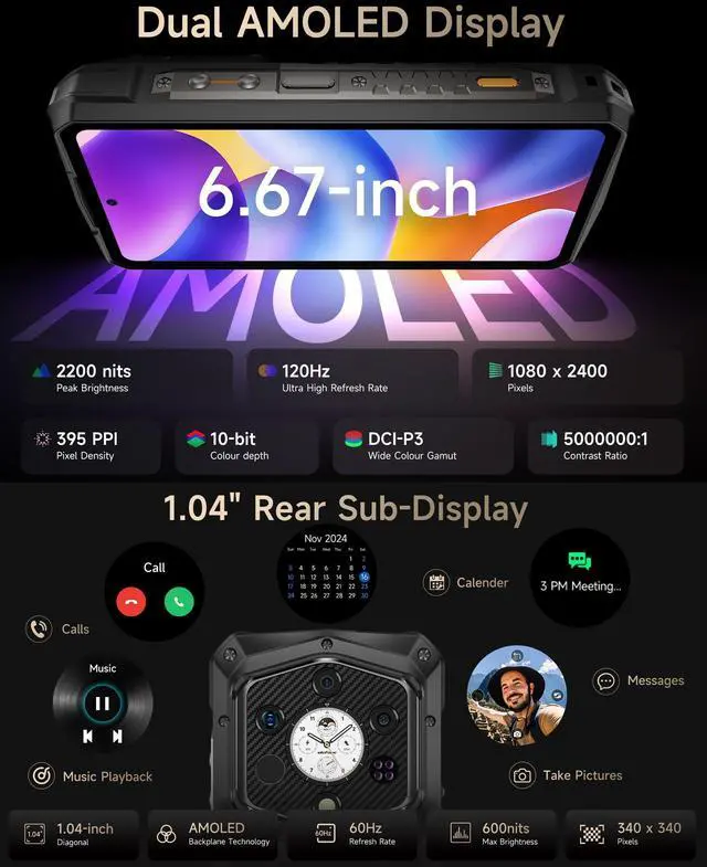 Alt view image 6 of 7 - Ulefone Armor 29 Pro Thermal, 5G AI Rugged Phone, 32GB+512GB/2TB, MTK Dimensity 7400, 6.67" AMLOD Dual Screen, 64MP+50MP+50MP Real Camera, 21200mAh/120W, 1000LM LED Light, Widevine L1, Android 15