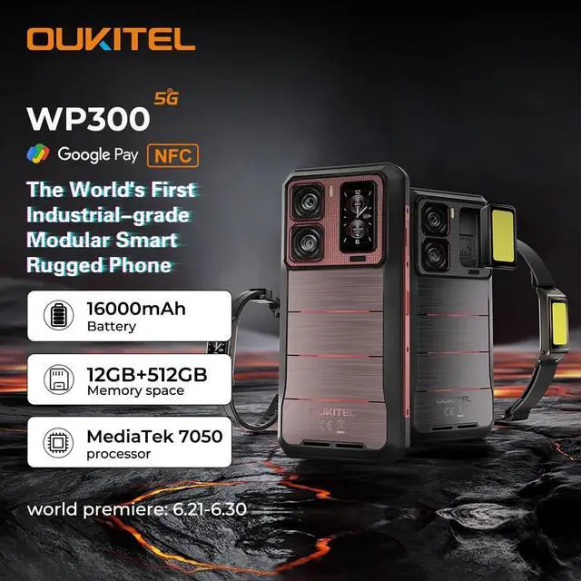 Main image of Oukitel WP300 Modular Earbud Light Rugged Phone 16000mAh 36GB(12+24)GB+512GB 6.78" FHD 120Hz 108MP Cell phone
