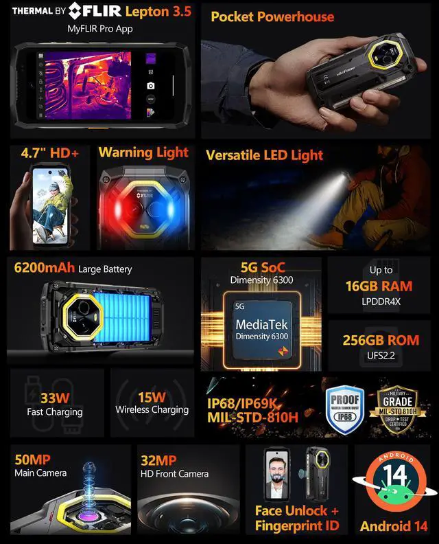 Alt view image 3 of 7 - Ulefone Armor Mini 20T Pro 5G Rugged Phone & Armor Case, Thermal Imaging 50MP Main Camera, 16GB+256GB MTK Dimensity 6300, 6200mAh(33W), 4.7" HD+ Corning Gorilla Screen, Versatile LED Light+CASE