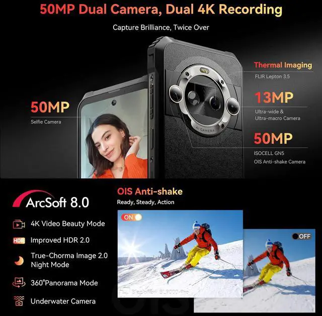 Alt view image 7 of 7 - Blackview BL9000 Pro 5G Rugged Smartphone Unlocked (FLIR Thermal Imaging Camera), 36GB +512GB, Android 14, 50MP+50MP Camera, 120Hz 6.78"FHD+, Dual 5G SIM Rugged Phones, IP68/IP69K, 120W/NFC/WiFi 6/GPS