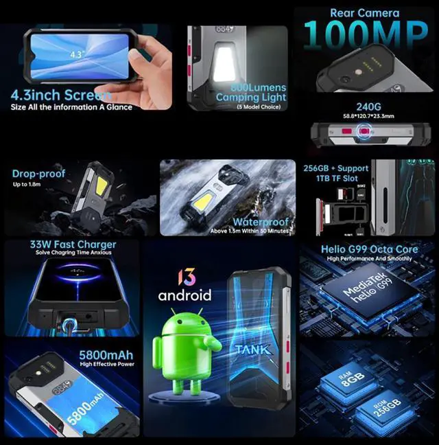 Alt view image 2 of 7 - 8849 Tank Mini rugged mobile phone, 4.3-inch small 4G outdoor sturdy smart phone body, with camping light, 16 GB RAM+256 GB ROM/1TB extended mini IP68 waterproof