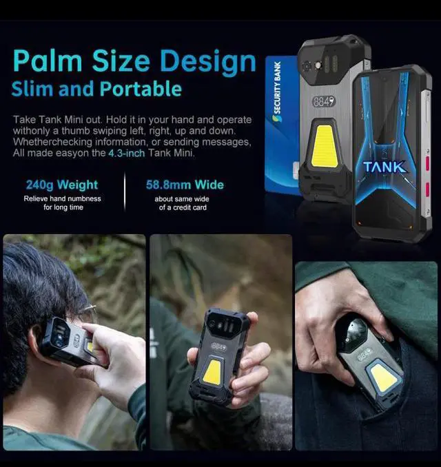 Alt view image 3 of 7 - 8849 Tank Mini rugged mobile phone, 4.3-inch small 4G outdoor sturdy smart phone body, with camping light, 16 GB RAM+256 GB ROM/1TB extended mini IP68 waterproof