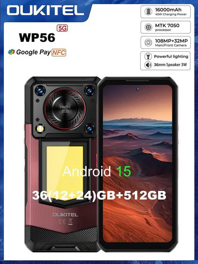 Main image of OUKITEL WP56 5G Rugged Smartphone - 36GB+512GB/2TB Android 15 Rugged Phone, 16000mAh Battery,6.8" FHD+ 120hz Phone,108MP Main Camera IP68/IP69K Waterproof Cell Phone 5G Dual SIM Red