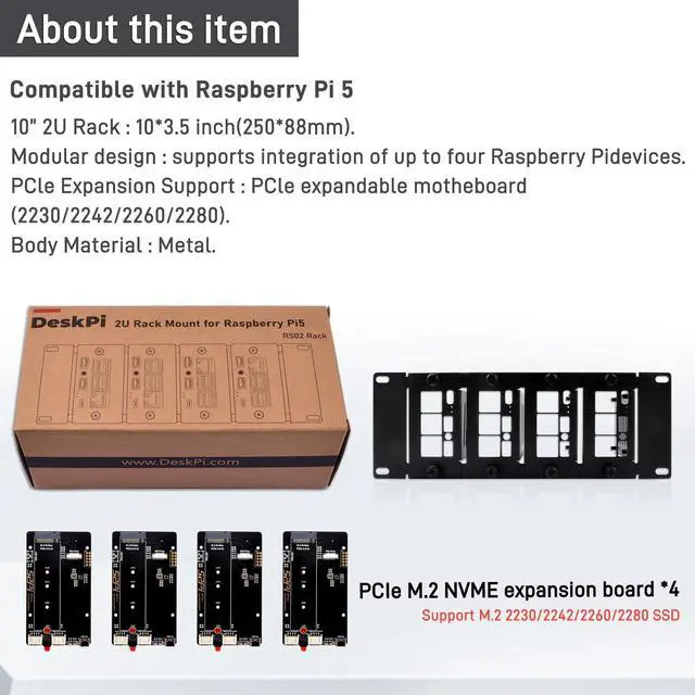 Alt view image 6 of 7 - 52Pi 10 Inch 2U Rack Mount for Raspberry Pi 5, with Four PCIE NVME Boards for DeskPi Rackmount T1/T0/T2 Server Cabinets