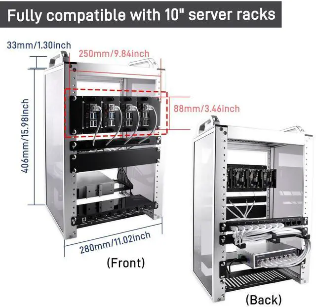 Alt view image 4 of 7 - 52Pi 10 Inch 2U Rack Mount for Raspberry Pi 5, with Four PCIE NVME Boards for DeskPi Rackmount T1/T0/T2 Server Cabinets
