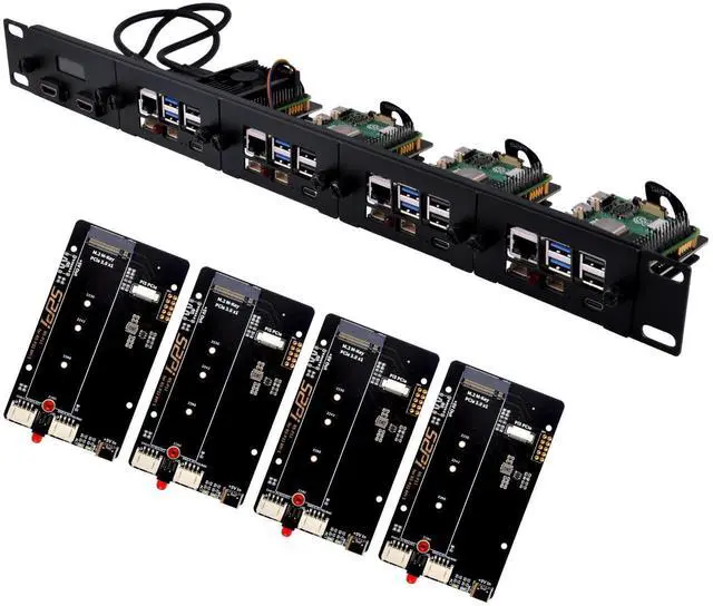 Main image of 52Pi 19 inch 1U Rack Mount for Raspberry Pi 5, with four PCIe to M.2 NVMe SSD Adapters and OLED Display, Supports M.2 NVMe 2230/2242/2260/2280 SSD