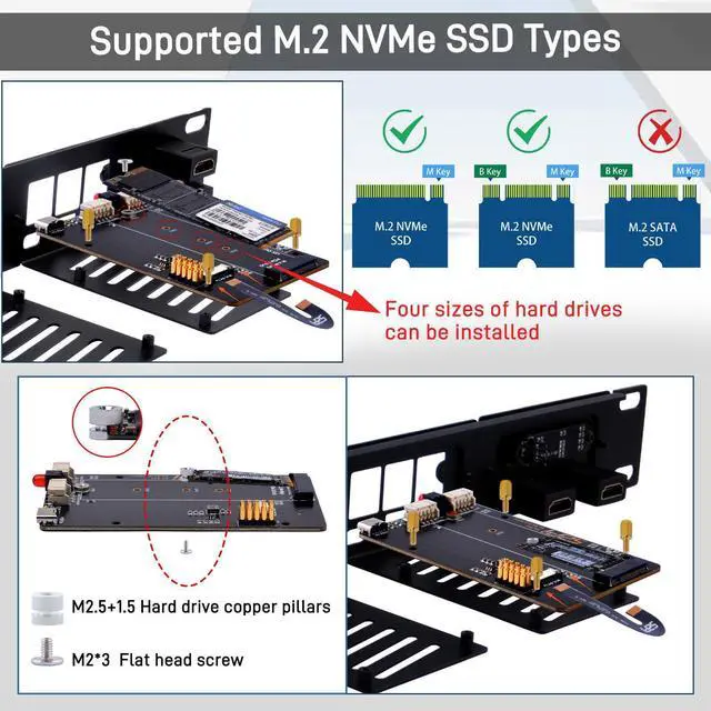 Alt view image 3 of 7 - 52Pi 19 inch 1U Rack Mount for Raspberry Pi 5, with four PCIe to M.2 NVMe SSD Adapters and OLED Display, Supports M.2 NVMe 2230/2242/2260/2280 SSD