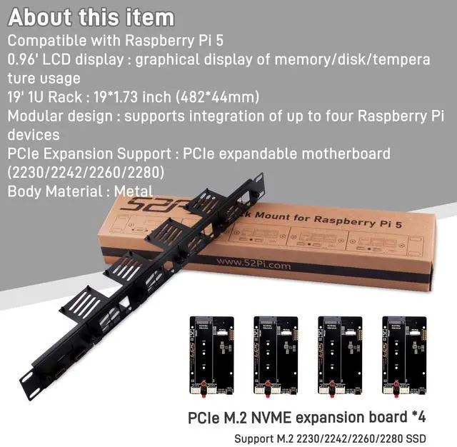 Alt view image 5 of 7 - 52Pi 19 inch 1U Rack Mount for Raspberry Pi 5, with four PCIe to M.2 NVMe SSD Adapters and OLED Display, Supports M.2 NVMe 2230/2242/2260/2280 SSD