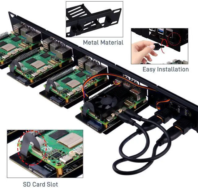 Alt view image 2 of 7 - 52Pi 19 inch 1U Rack Mount for Raspberry Pi 5, with four PCIe to M.2 NVMe SSD Adapters and OLED Display, Supports M.2 NVMe 2230/2242/2260/2280 SSD