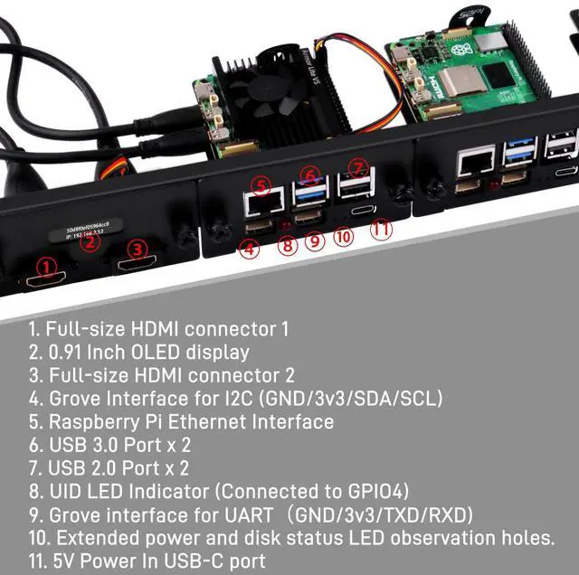 Alt view image 4 of 7 - 52Pi 19 inch 1U Rack Mount for Raspberry Pi 5, with four PCIe to M.2 NVMe SSD Adapters and OLED Display, Supports M.2 NVMe 2230/2242/2260/2280 SSD