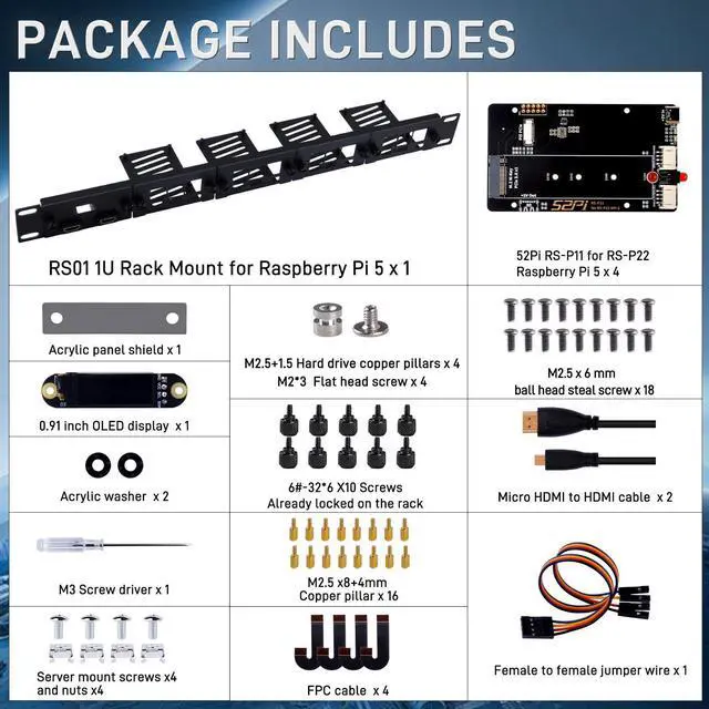 Alt view image 7 of 7 - 52Pi 19 inch 1U Rack Mount for Raspberry Pi 5, with four PCIe to M.2 NVMe SSD Adapters and OLED Display, Supports M.2 NVMe 2230/2242/2260/2280 SSD
