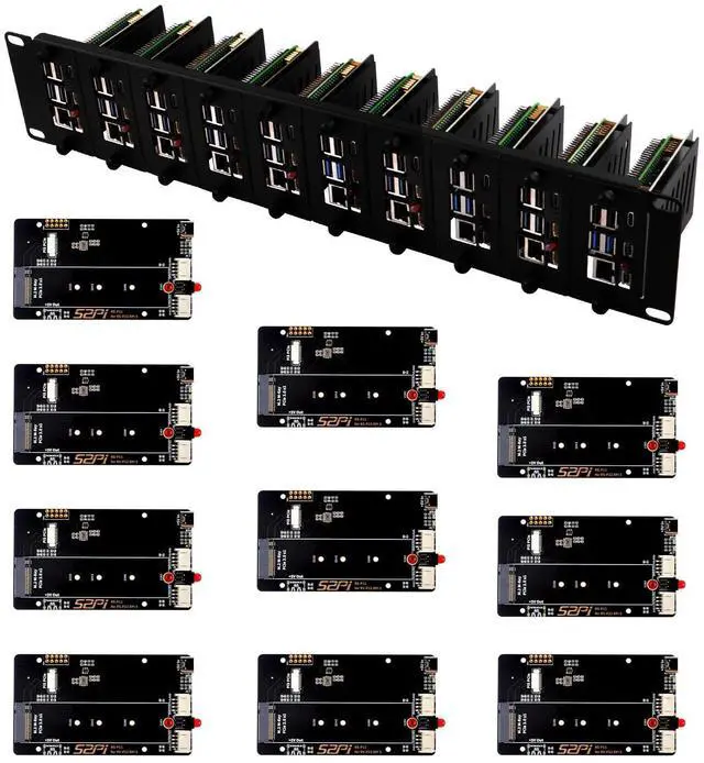 Main image of 52Pi 19 Inch 2U Rack Mount for Raspberry Pi5, with 10 PCIe to M.2 NVMe SSD Adapters, Supports M.2 NVMe SSDs