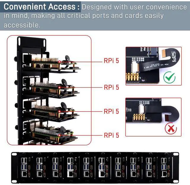 Alt view image 3 of 7 - 52Pi 19 Inch 2U Rack Mount for Raspberry Pi5, with 10 PCIe to M.2 NVMe SSD Adapters, Supports M.2 NVMe SSDs