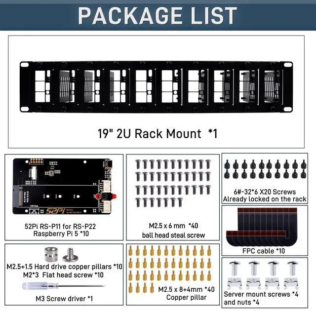 Alt view image 7 of 7 - 52Pi 19 Inch 2U Rack Mount for Raspberry Pi5, with 10 PCIe to M.2 NVMe SSD Adapters, Supports M.2 NVMe SSDs