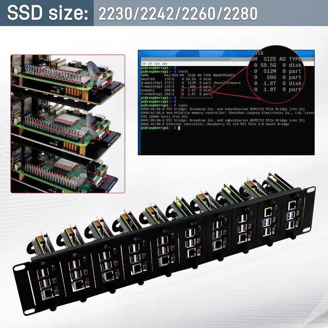 Alt view image 4 of 7 - 52Pi 19 Inch 2U Rack Mount for Raspberry Pi5, with 10 PCIe to M.2 NVMe SSD Adapters, Supports M.2 NVMe SSDs