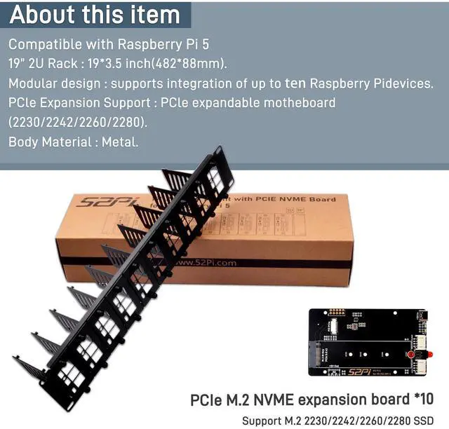 Alt view image 5 of 7 - 52Pi 19 Inch 2U Rack Mount for Raspberry Pi5, with 10 PCIe to M.2 NVMe SSD Adapters, Supports M.2 NVMe SSDs