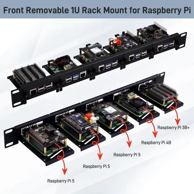 Alt view image 3 of 7 - 52Pi 19 Inch 1U Rack Mount for Raspberry Pi 5/4B/3B+/3B, Removable Rack with 5 Mounting Ports, Compatible with 19 inch Server Cabinets