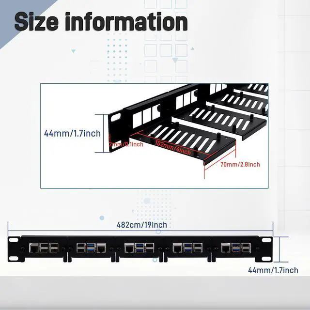 Alt view image 2 of 7 - 52Pi 19 Inch 1U Rack Mount for Raspberry Pi 5/4B/3B+/3B, Removable Rack with 5 Mounting Ports, Compatible with 19 inch Server Cabinets
