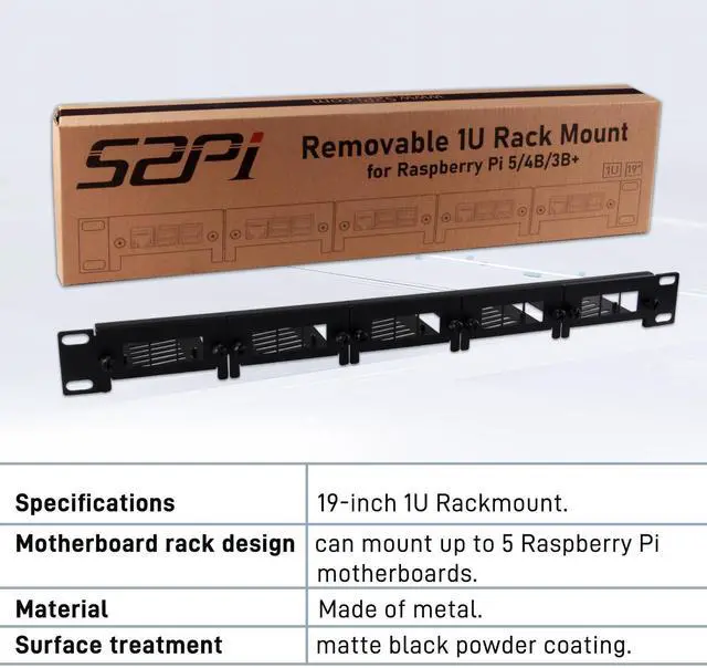 Alt view image 6 of 7 - 52Pi 19 Inch 1U Rack Mount for Raspberry Pi 5/4B/3B+/3B, Removable Rack with 5 Mounting Ports, Compatible with 19 inch Server Cabinets