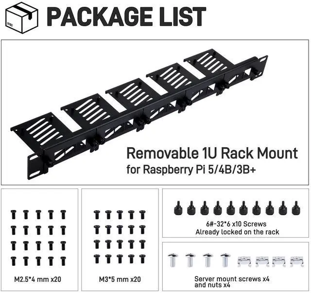Alt view image 7 of 7 - 52Pi 19 Inch 1U Rack Mount for Raspberry Pi 5/4B/3B+/3B, Removable Rack with 5 Mounting Ports, Compatible with 19 inch Server Cabinets