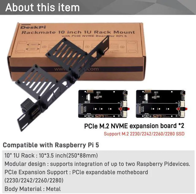 Alt view image 5 of 7 - 52Pi 10 Inch 1U Rack Mount for Raspberry Pi 5, with 2PCS PCIe to M.2 NVMe SSD Adapters for DeskPi Rackmount T0/T1/T2 Server Cabinets